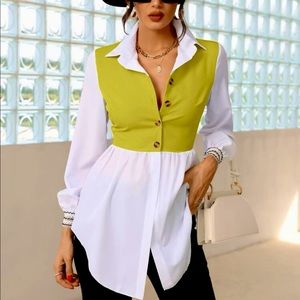 Mustard yellow color block pattern 2in1 sleeve blouse